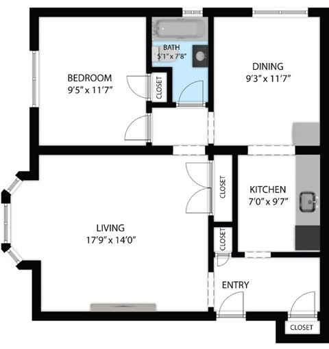 A floor plan of a living space showing a bedroom, dining area, kitchen, and living room.